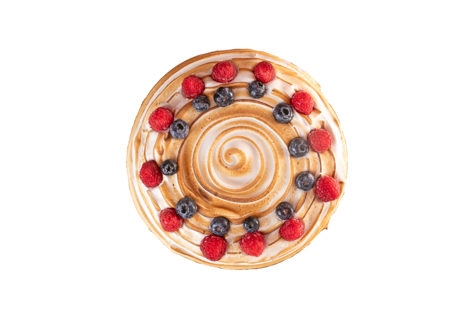 Bolo de mousse de yuzu com merengue queimado e frutas vermelhas visto de cima